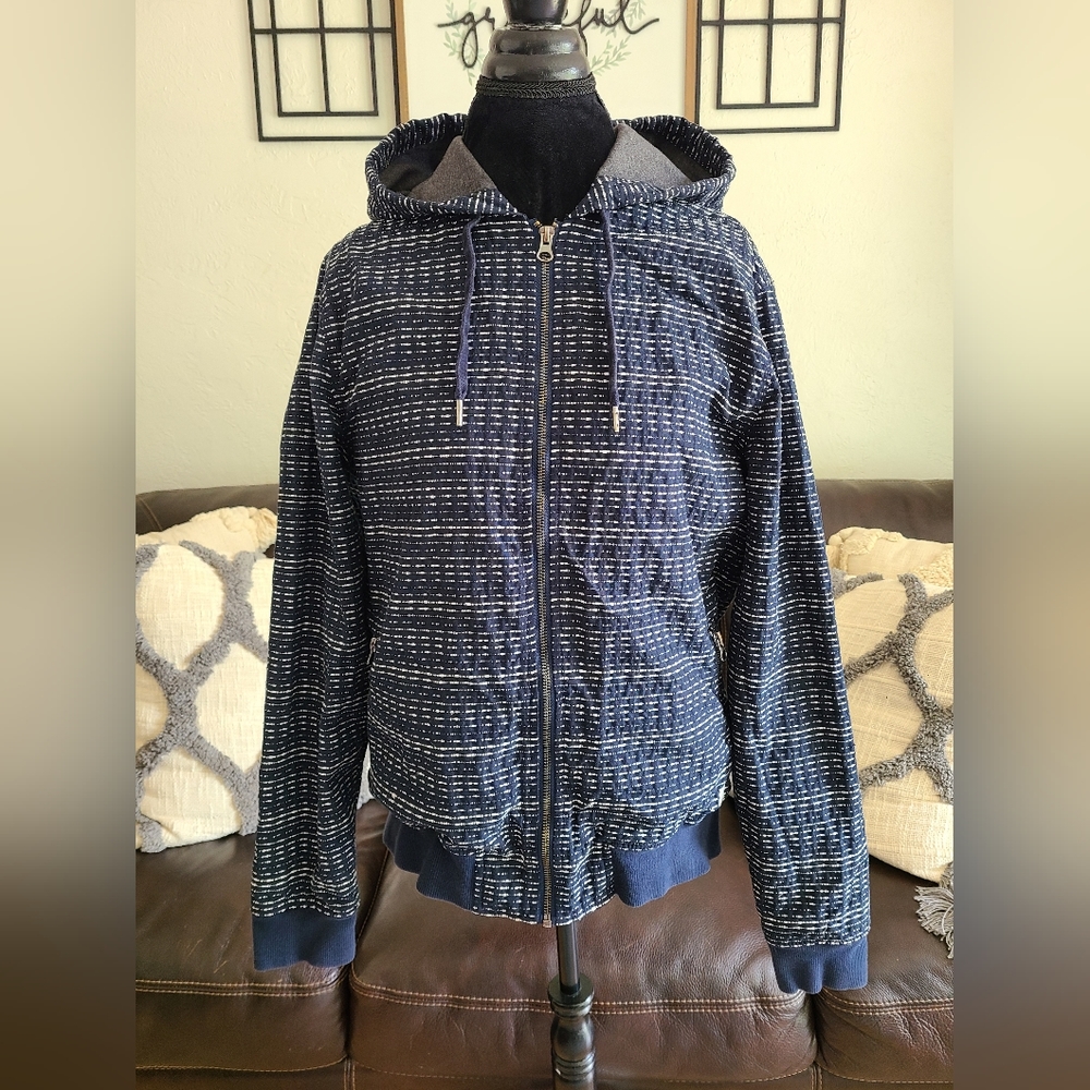 FUNDAMENTAL COAST NAVY/WHITE STRIPED ZIP-UP HOODIE WITH‎ POCKETS WOMEN'S SIZE M
